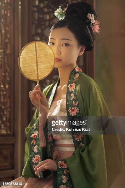 beautiful chinese woman in period costume hanfu photographed in a studio portrait setting - costume designs stock pictures, royalty-free photos & images