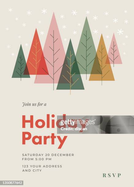 holiday party invitation with christmas trees. - flyer leaflet stock illustrations