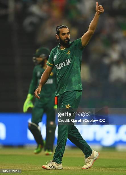 Imad Wasim of Pakistan celebrates the wicket of Gerhard Erasmus of Namibia during the ICC Men's T20 World Cup match between Pakistan and Namibia at...