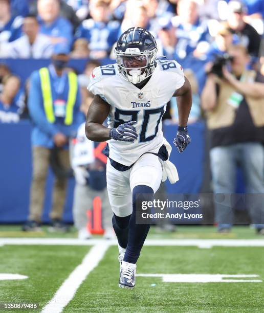 Chester Rogers of the Tennessee Titans against the Indianapolis Colts at Lucas Oil Stadium on October 31, 2021 in Indianapolis, Indiana.