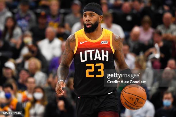 Royce O'Neale of the Utah Jazz in action during a game against the Oklahoma City Thunder at Vivint Smart Home Arena on October 20, 2021 in Salt Lake...