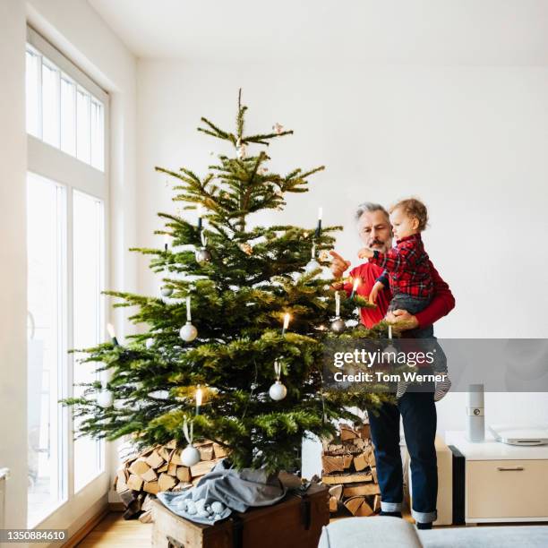 grandpa decorating christmas tree with grandson - decorating the christmas tree stock pictures, royalty-free photos & images