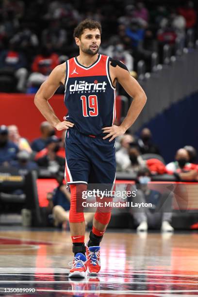 Raul Neto of the Washington Wizards looks on during a NBA basketball game against the Boston Celtics at Capital One Arena on October 30, 2021 in...