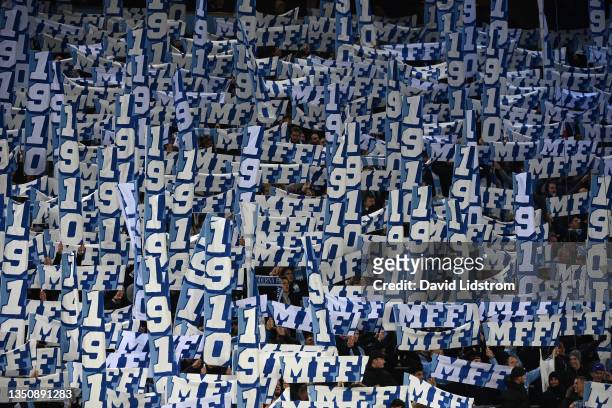Fans show their support during the UEFA Champions League group H match between Malmo FF and Chelsea FC at Eleda Stadium on November 02, 2021 in...