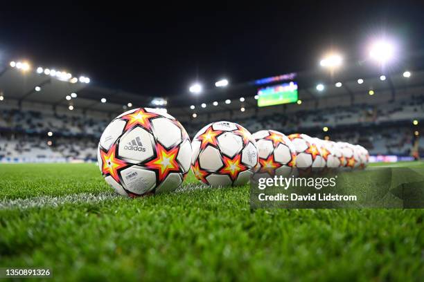 The Adidas UEFA Champions League ball is seen on the pitch prior to the UEFA Champions League group H match between Malmo FF and Chelsea FC at Eleda...