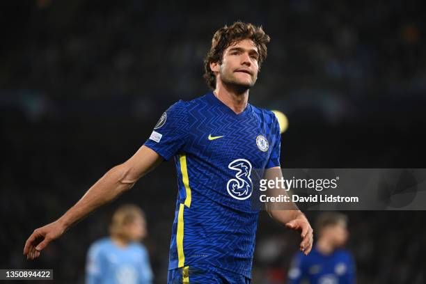 Marcos Alonso of Chelsea reacts during the UEFA Champions League group H match between Malmo FF and Chelsea FC at Eleda Stadium on November 02, 2021...