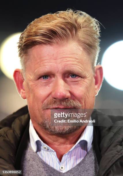 Sky Sports pundit and former footballer Peter Schmeichel looks on prior to the UEFA Champions League group F match between Atalanta and Manchester...