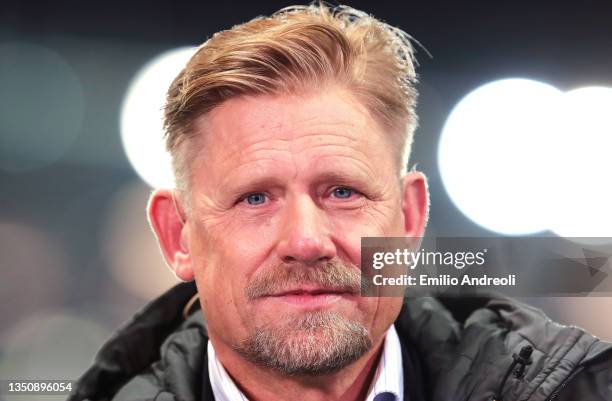 Sky Sports pundit and former footballer Peter Schmeichel looks on prior to the UEFA Champions League group F match between Atalanta and Manchester...