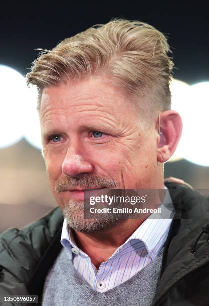 Sky Sports pundit and former footballer Peter Schmeichel looks on prior to the UEFA Champions League group F match between Atalanta and Manchester...