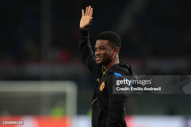 Amad Diallo of Manchester United acknowledges the fans prior to the UEFA Champions League group F match between Atalanta and Manchester United at...