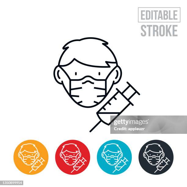 young boy vaccine thin line icon - editable stroke - booster icon stock illustrations