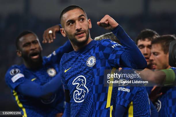 Hakim Ziyech of Chelsea celebrates after scoring their team's first goal during the UEFA Champions League group H match between Malmo FF and Chelsea...