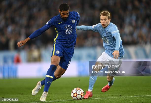 Ruben Loftus-Cheek of Chelsea battles for possession with Oscar Lewicki of Malmo FF during the UEFA Champions League group H match between Malmo FF...