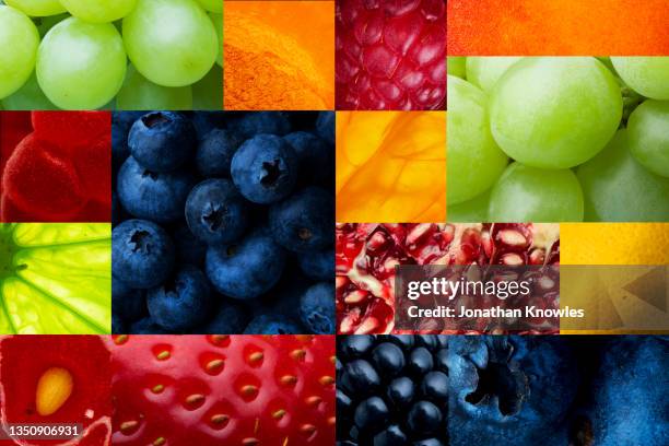 variety of fruit arranged in squares - pfirsichkern stock-fotos und bilder