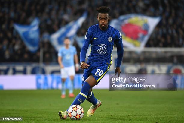 Callum Hudson-Odoi of Chelsea runs with the ball during the UEFA Champions League group H match between Malmo FF and Chelsea FC at Eleda Stadium on...