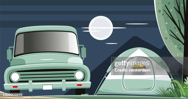 camper at night - dome tent stock illustrations