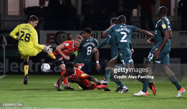 James Bree of Luton Town has a shot saved by Luke Daniels of Middlesbrough during the Sky Bet Championship match between Luton Town and Middlesbrough...