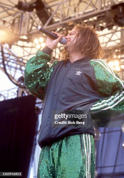 American singer, songwriter, and musician Jonathan Davis, of the American nu metal band Korn, performs at Lollapalooza 1997 on July 11, 1997 at...