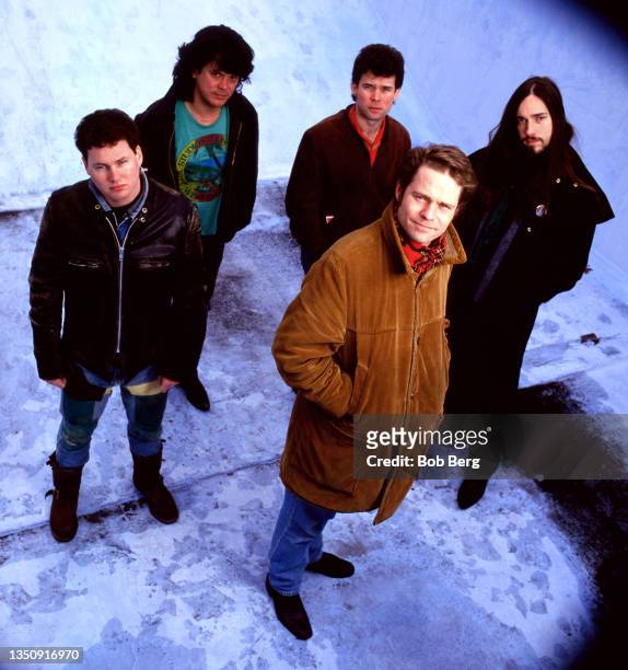 Drummer Johnny Fay, bassist Paul Langlois, guitarist Gord Sinclair, guitarist Rob Baker, and lead singer Gordon Downie , of the Canadian rock group...