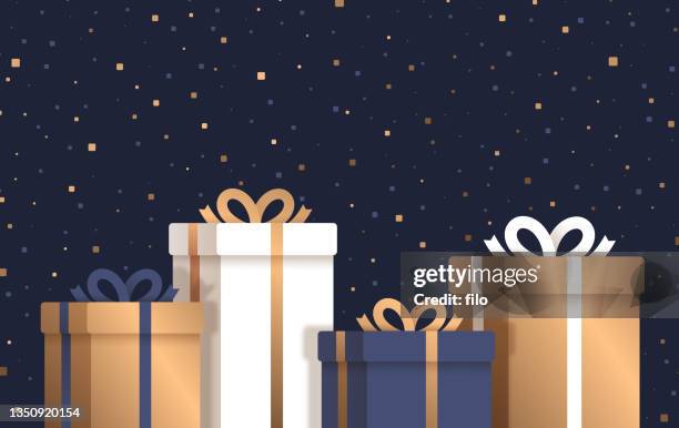 illustrazioni stock, clip art, cartoni animati e icone di tendenza di regali d'oro per le vacanze sfondo di neve - confezione regalo