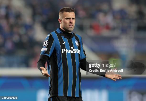 Josip Ilicic of Atalanta BC reacts during the UEFA Champions League group F match between Atalanta and Manchester United at Stadio di Bergamo on...