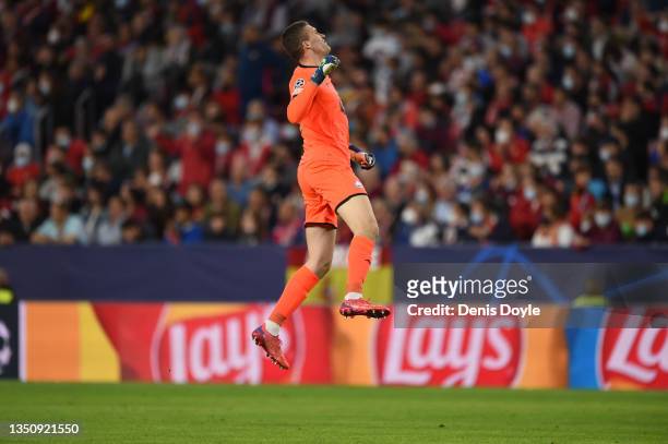 Ivo Grbic of Lille OSC celebrates his team's second goal during the UEFA Champions League group G match between Sevilla FC and Lille OSC at Estadio...