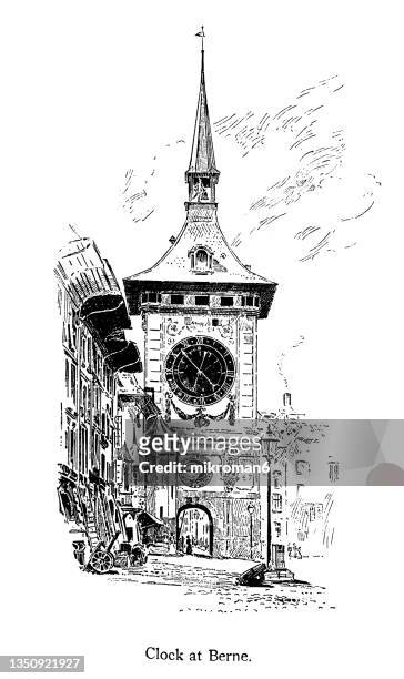 old engraved illustration of horology, the zytglogge (time bell) - landmark medieval tower in bern, switzerland - clock tower 個照片及圖片檔