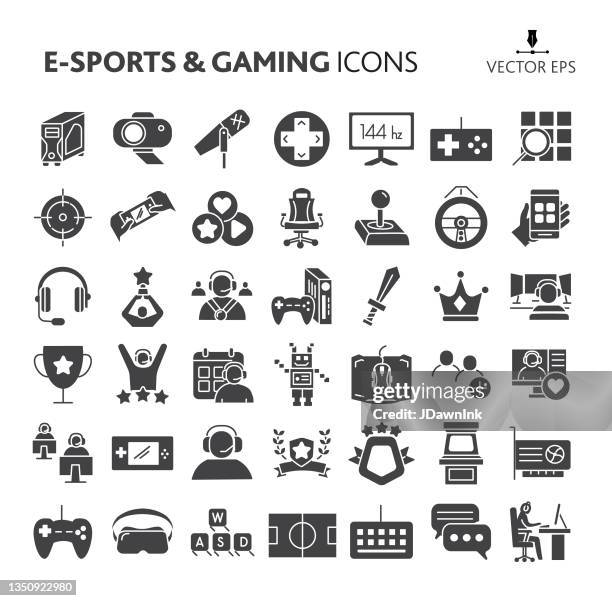 e-sport und gaming, gaming-equipment, spiele, online-streamer, großes icon-set gewinnen - computerspieler stock-grafiken, -clipart, -cartoons und -symbole