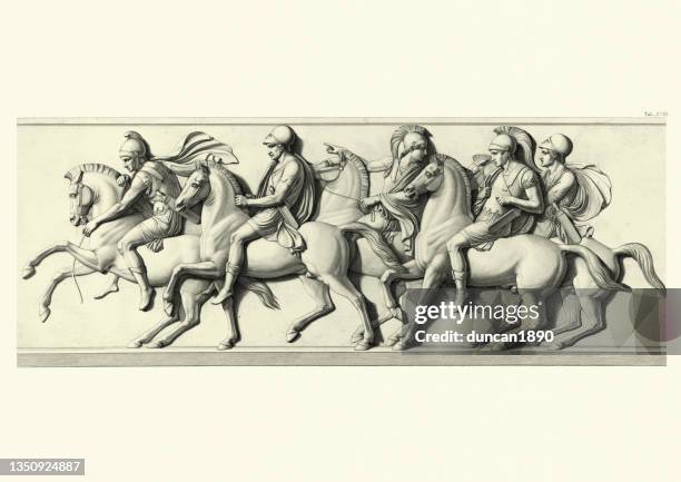 stockillustraties, clipart, cartoons en iconen met macedonian cavalry, the companions, from the time of alexander the great - bas reliëf