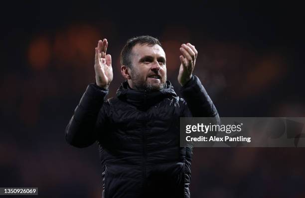 Nathan Jones, Manager of Luton Town acknowledges the fans following the Sky Bet Championship match between Luton Town and Middlesbrough at Kenilworth...
