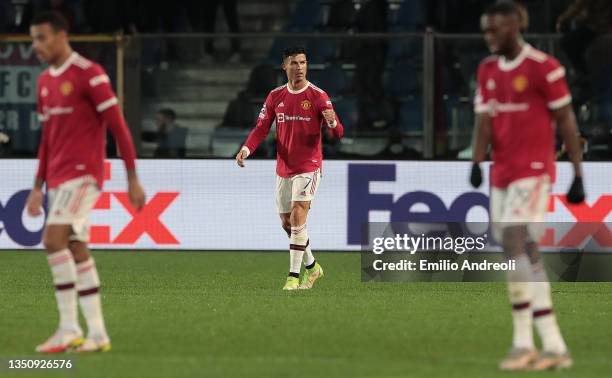 Cristiano Ronaldo of Manchester United celebrates after scoring their side's second goal during the UEFA Champions League group F match between...