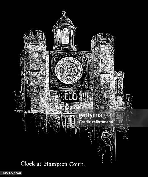 old engraved illustration of hampton court astronomical clock, sixteenth-century astronomical clock in hampton court palace - hampton court palace stock pictures, royalty-free photos & images