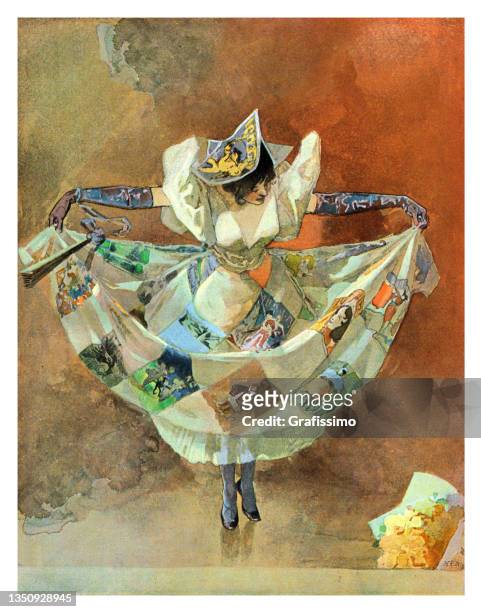 ilustrações de stock, clip art, desenhos animados e ícones de young woman preparing for dancing ballet in ballroom art nouveau 1897 - clown