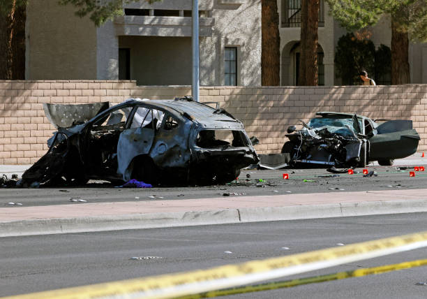 Toyota RAV4 at left and a Chevrolet Corvette that were involved in a fatal accident are shown on November 2, 2021 in Las Vegas, Nevada. According to...