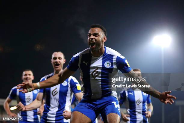 Curtis Tilt of Wigan Athletic celebrates after scoring their side's third goal during the Sky Bet League One match between Fleetwood Town and Wigan...