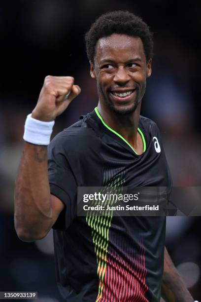 Gael Monfils of France celebrates winning match point during his singles match against Miomir Kecmanovic of Serbia during day two of the Rolex Paris...