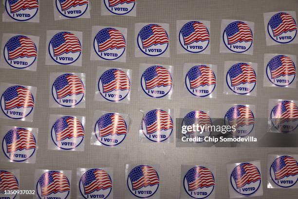 Stickers reading "I Voted" are available to those afterwards who cast ballots at the Fairfax County Government Center on November 02, 2021 in...