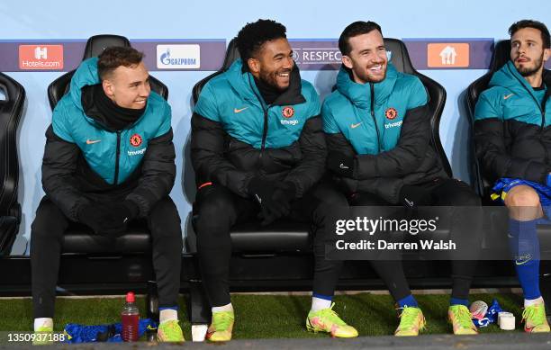 Reece James and Ben Chilwell of Chelsea share a joke on the bench prior to the UEFA Champions League group H match between Malmo FF and Chelsea FC at...