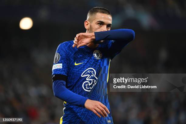 Hakim Ziyech of Chelsea reacts during the UEFA Champions League group H match between Malmo FF and Chelsea FC at Eleda Stadium on November 02, 2021...