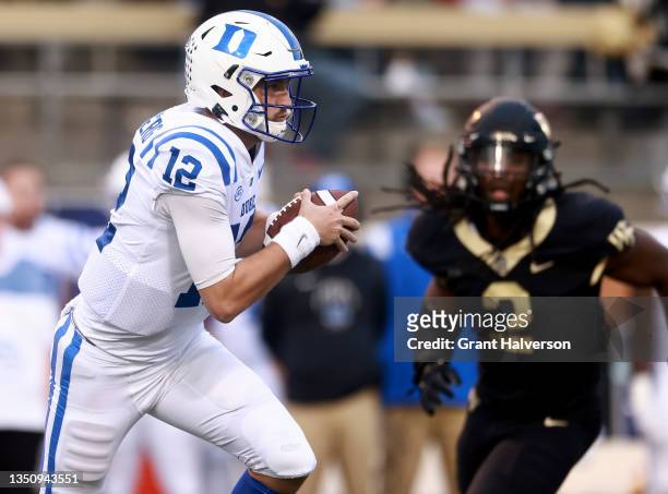 Gunnar Holmberg of the Duke Blue Devils runs against the Wake Forest Demon Deacons during their game at Truist Field on October 30, 2021 in...