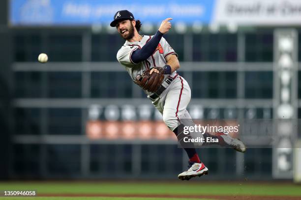 Dansby Swanson of the Atlanta Braves throws out the runner against the Houston Astros during the second inning in Game Six of the World Series at...