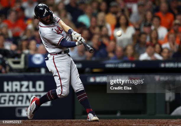 Dansby Swanson of the Atlanta Braves hits a two run home run against the Houston Astros during the fifth inning in Game Six of the World Series at...