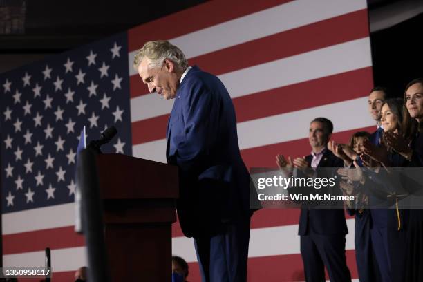 Democratic gubernatorial candidate, former Virginia Gov. Terry McAuliffe speaks at an election night rally on November 02, 2021 in McLean, Virginia....