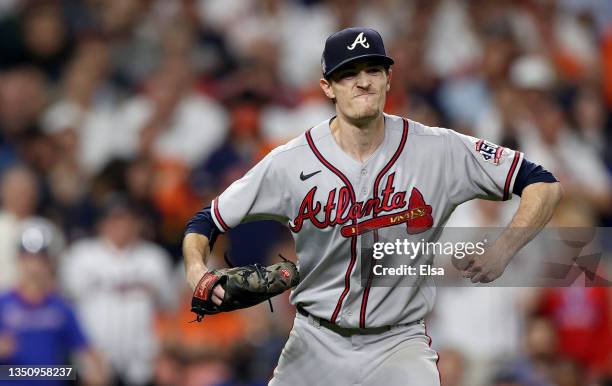 Max Fried of the Atlanta Braves celebrates after retiring the side against the Houston Astros during the sixth inningin Game Six of the World Series...