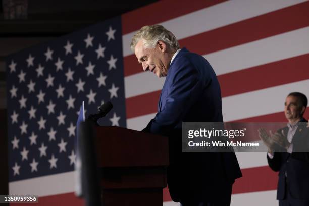 Democratic gubernatorial candidate, former Virginia Gov. Terry McAuliffe speaks at his election night rally on November 02, 2021 in McLean, Virginia....
