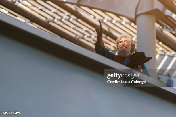 old man, with a big and large beard, pointing, with a big smile. old men, beard, bearded, hipster, barber, finance and retirement concept. copyspace - executive smile pointing bildbanksfoton och bilder