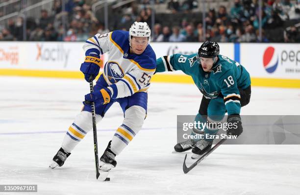 Jeff Skinner of the Buffalo Sabres skates past Lane Pederson of the San Jose Shark at SAP Center on November 02, 2021 in San Jose, California.