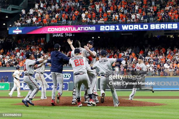 The Atlanta Braves celebrate their 7-0 win against the Houston Astros in Game Six to win the 2021 World Series at Minute Maid Park on November 02,...