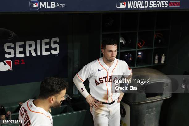 Alex Bregman of the Houston Astros reacts following the team's 7-0 loss against the Atlanta Braves in Game Six of the World Series at Minute Maid...