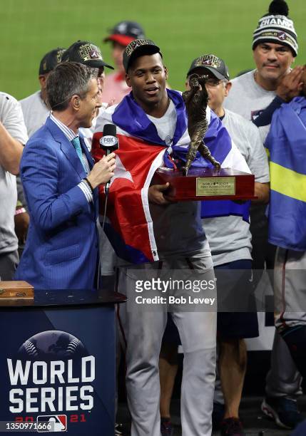 Jorge Soler of the Atlanta Braves is named the MVP following the team's 7-0 victory against the Houston Astros in Game Six to win the 2021 World...